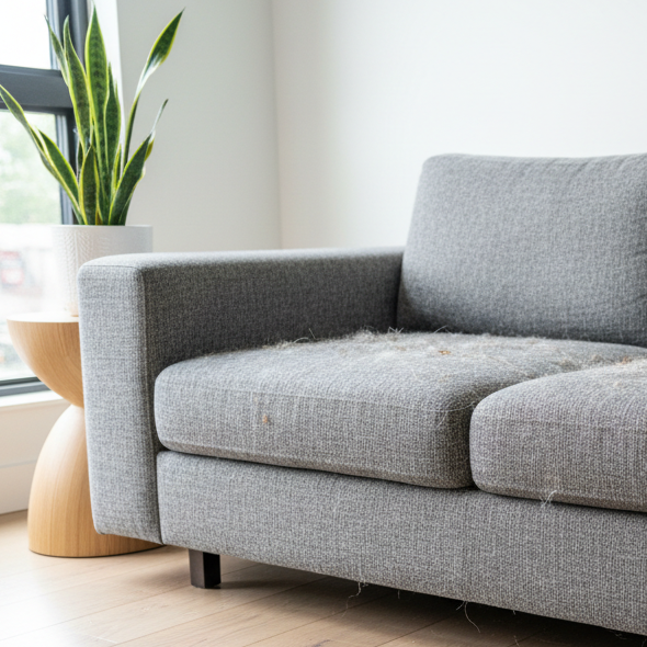 Grey couch with pet hair on seat cushions